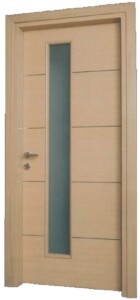 KP106 laminate δρυς με συνδυασμό 3 οριζόντιων inox γραμμών και τζαμιού.