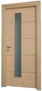 KP106 laminate δρυς με συνδυασμό 3 οριζόντιων inox γραμμών και τζαμιού.